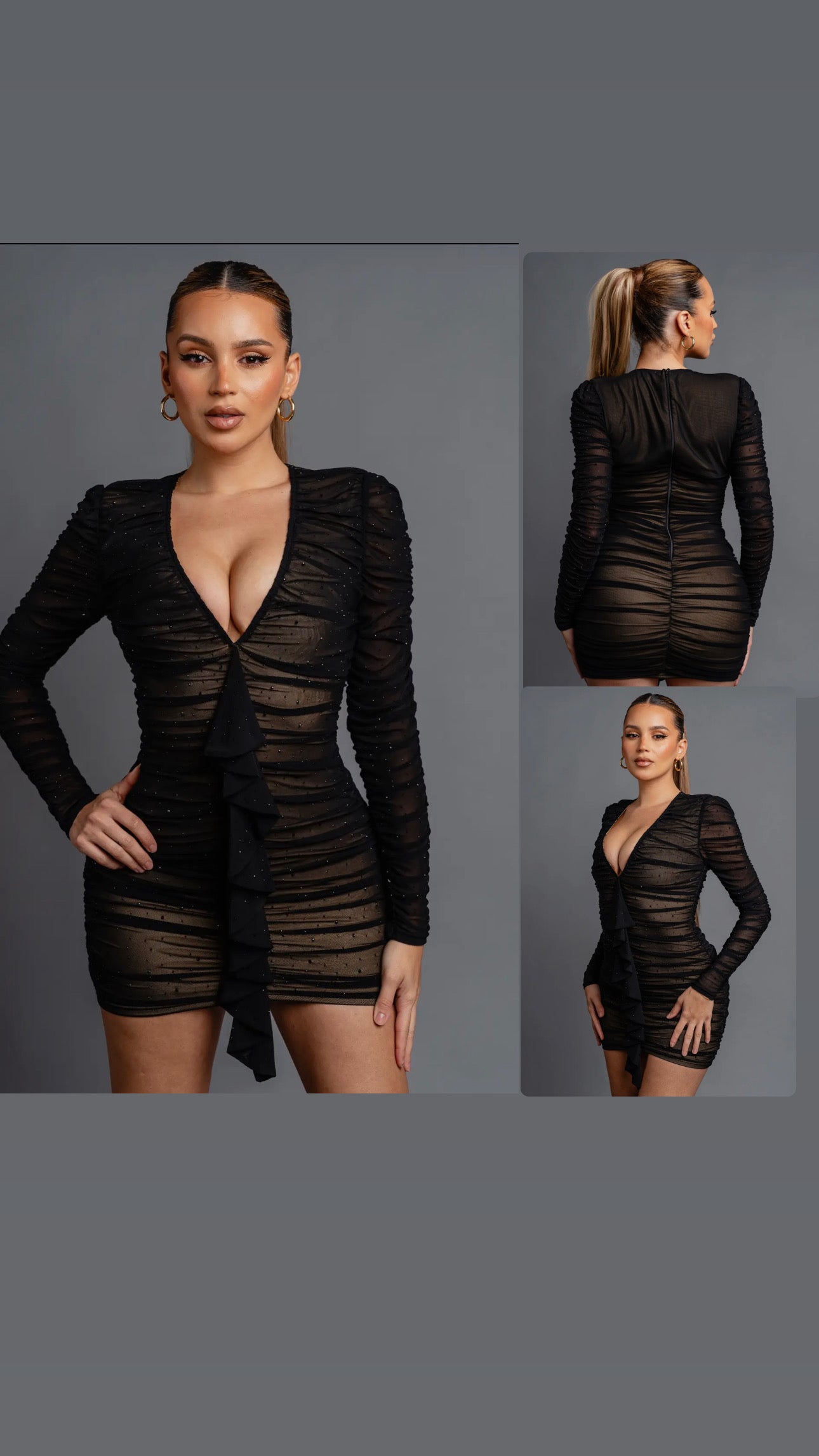 VESTIDO MINI FRUNCIDO DE MALLA CON PIEDRAS HOTFIX DE LUJO Y ESCOTE EN V