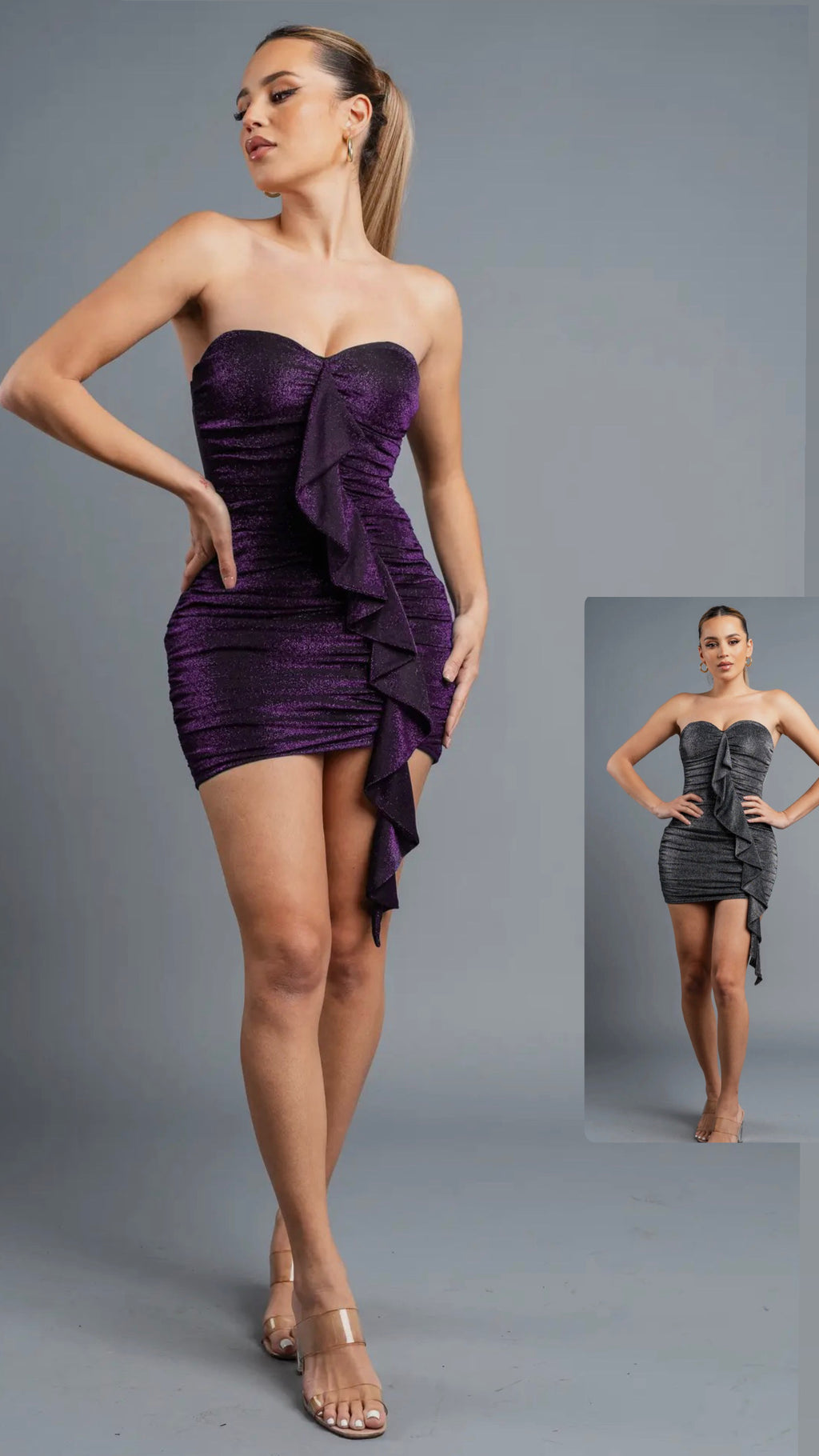 VESTIDO MINI CON HOMBROS DESCUBIERTOS Y BRILLO METÁLICO DESTELLANTE