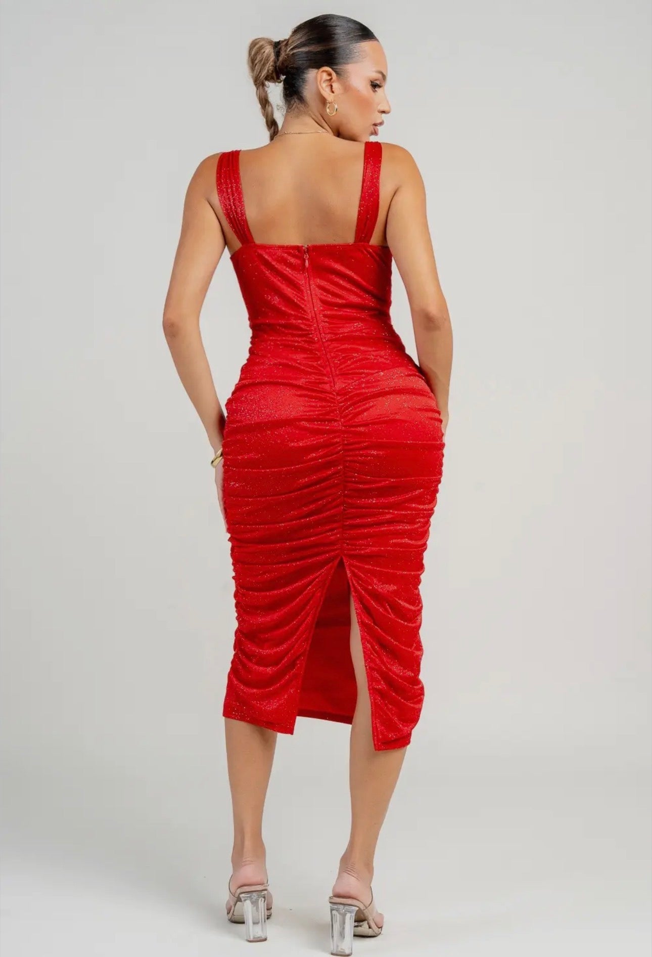 VESTIDO MIDI CON CORSÉ, TRANSPARENTE, FRUNCIDO Y CON DETALLES EN LA ESPALDA