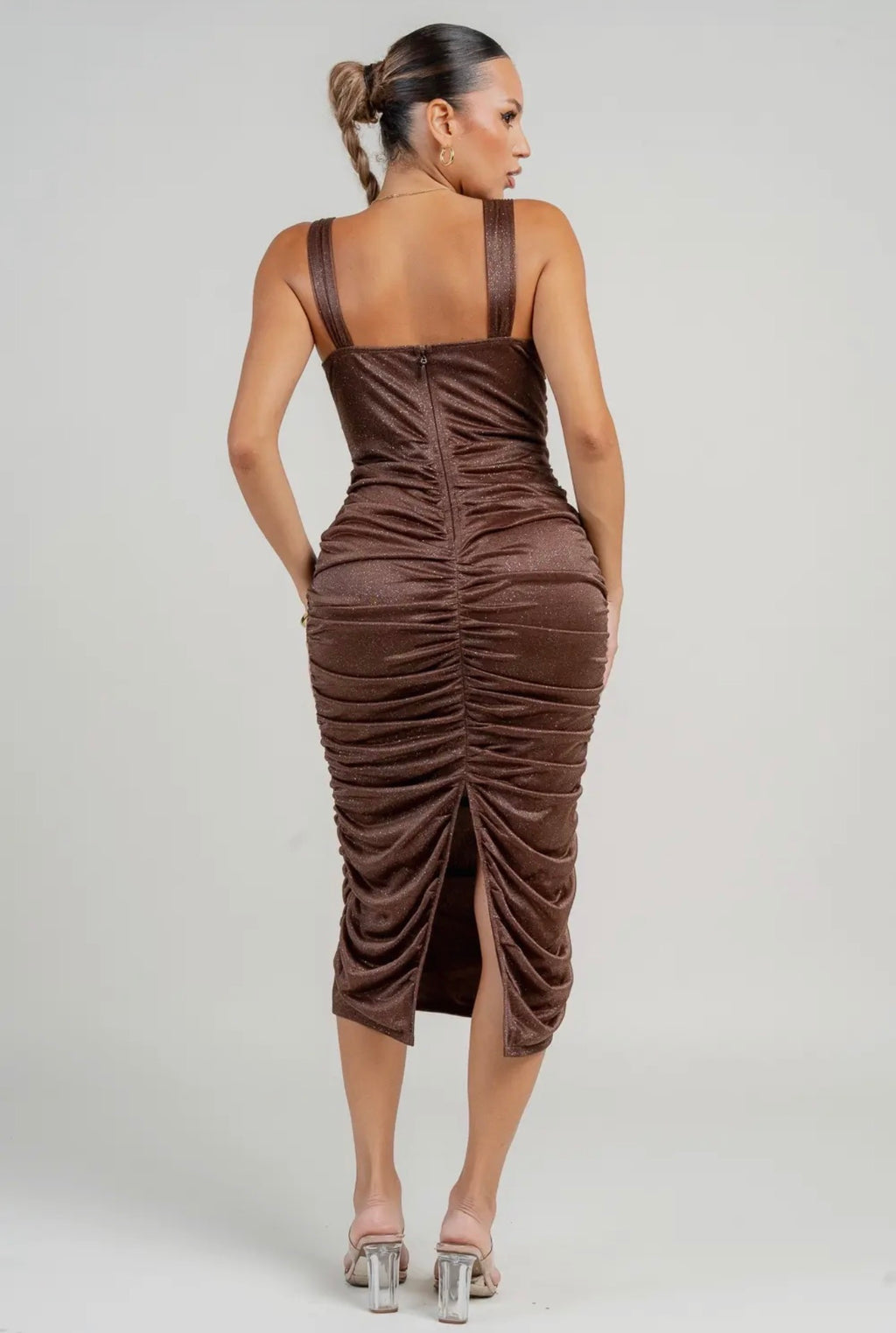 VESTIDO MIDI CON CORSÉ, TRANSPARENTE, FRUNCIDO Y CON DETALLES EN LA ESPALDA