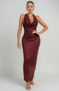Long metallic knit dress with halter neck