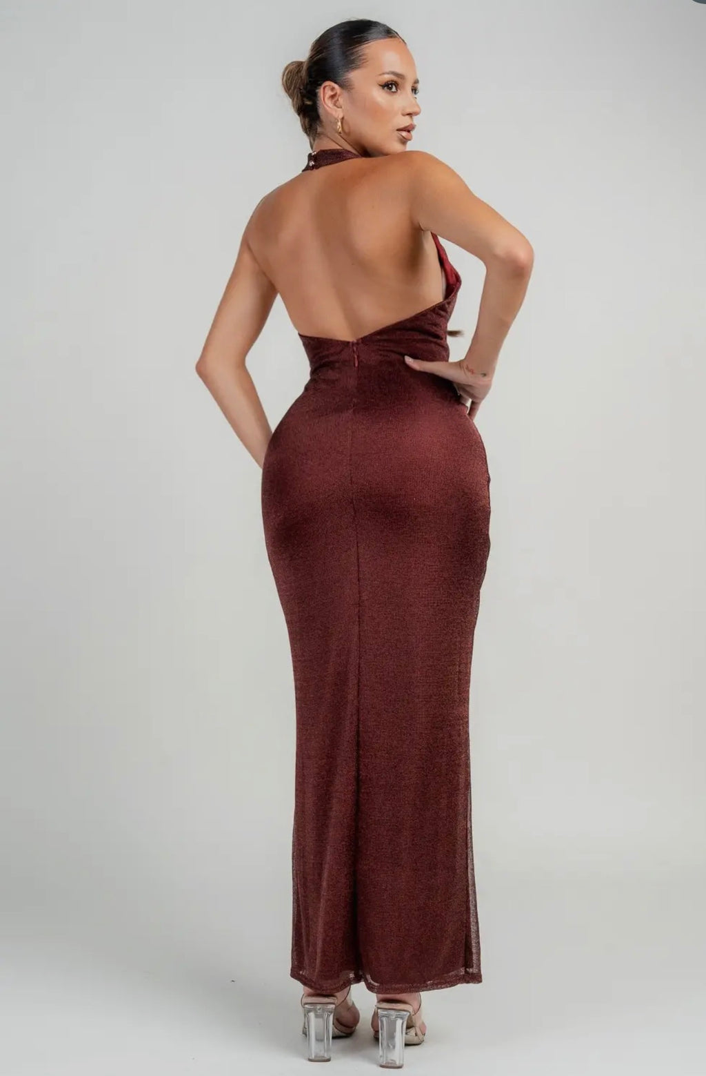 Long metallic knit dress with halter neck