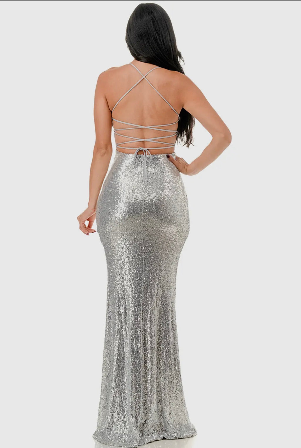 VESTIDO LARGO DE SIRENA PLISADO CON CORSÉ DE LENTEJUELAS