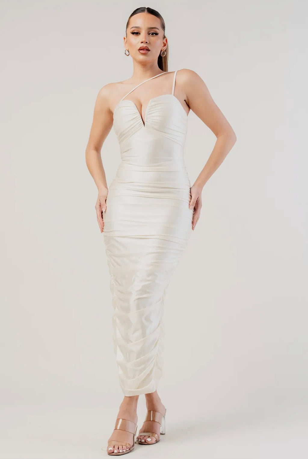 Vestido midi fruncido con inserto de alambre en V de punto satinado perla